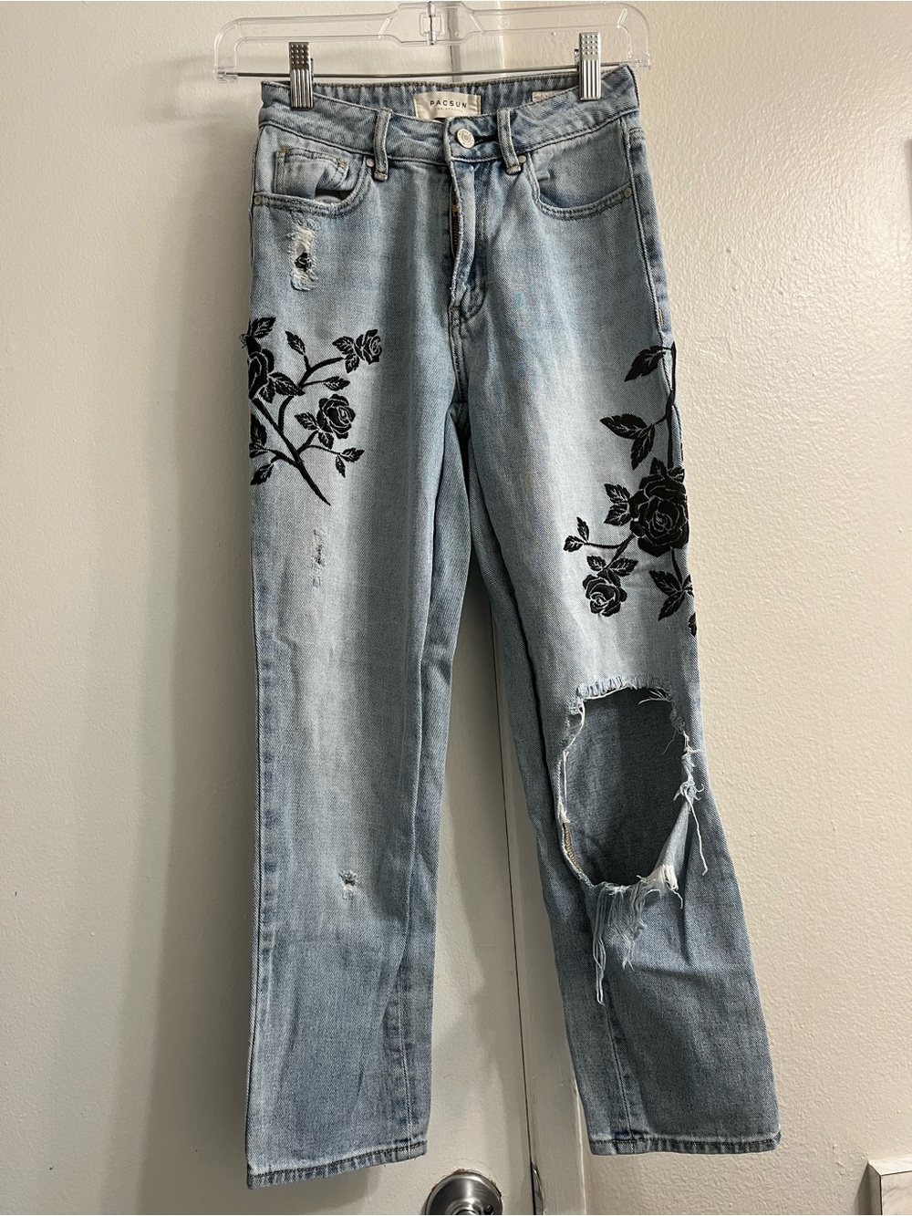 PacSun Light Blue Straight Leg Jeans with Black Floral Embroidery